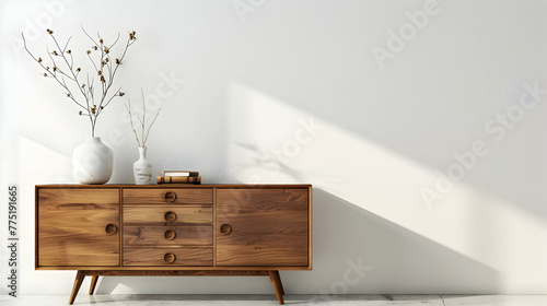 Modern living room and home interior design from the mid-century. Against a white wall with blank space, a wooden sideboard displays elements of home decor
