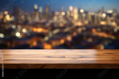The empty wooden table top with blur background of cityscape. Exuberant image. generative ai