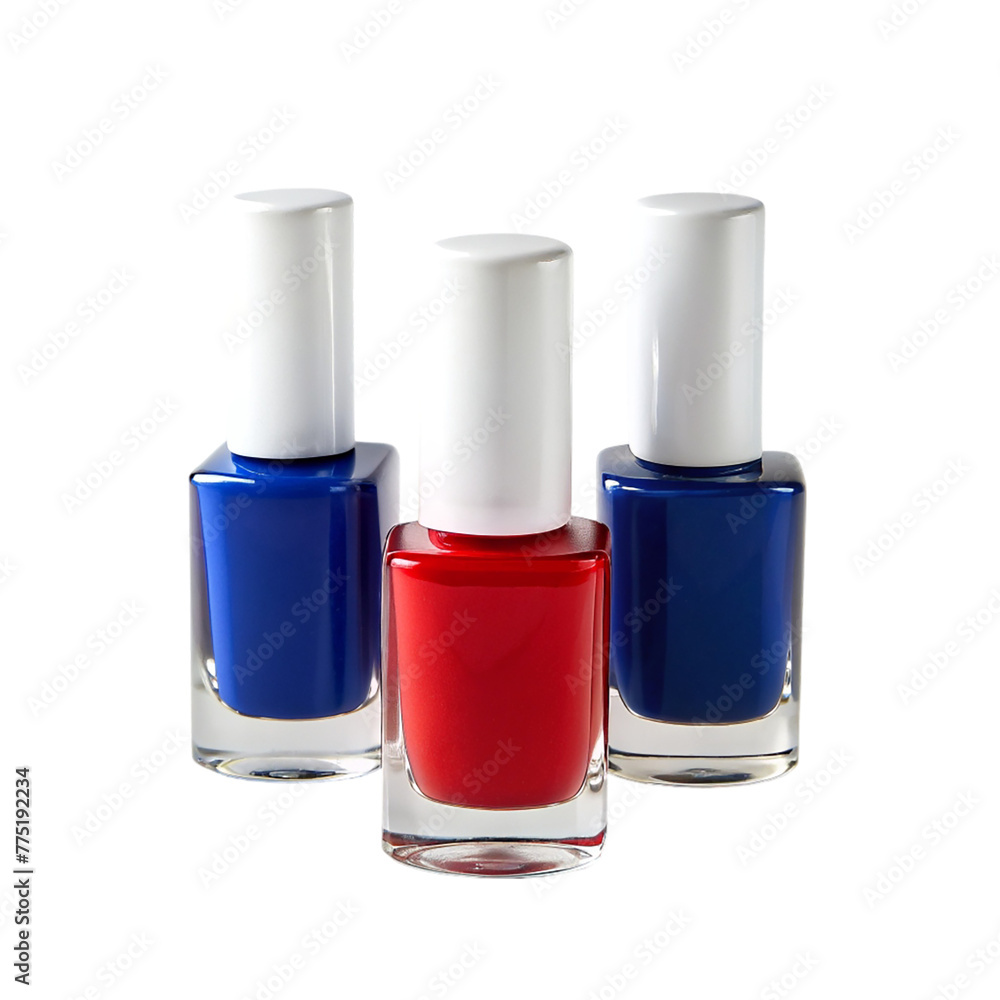 3 Different colors nail polish blue red and white isolated on transparent background. 3 Different colors nail polish blue red and white isolated on transparent background.