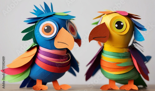 Kids crafts, colorful parrots made of toilet rolls and papers photo