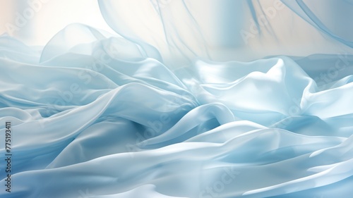 The abstract picture of the wavy blue fabric satin flexible clean cloth of the curtain that waving around under the light in the blank background of the bright room in the daytime of the day. AIGX01.