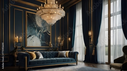 interior of a room with a window Step into a world of luxury and elegance with this stunning home interior. From the intricate details of the chandelier to the plush velvet couch, every corner exudes 