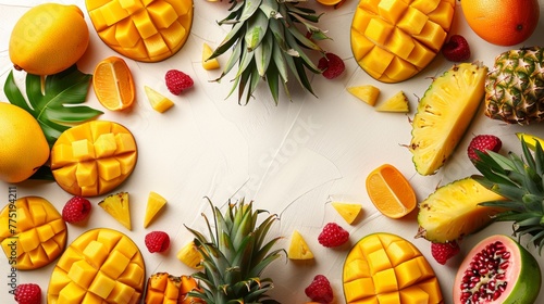 Frame from fresh fruits. Assorted colorful fruits  fruit background.