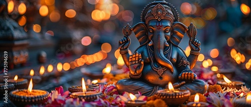 Ganesha Idol Serenely Sitting Among Diwali Lights
