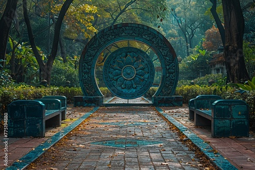 Dharma Wheel Symbolizing the Buddhas Teachings The wheels outline blends into the setting photo