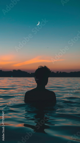 Silhouette of a person in water at dusk with crescent moon