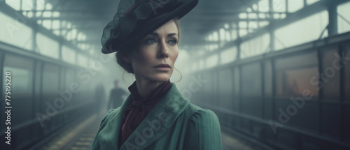 Victorian murder mystery. A tough beautiful woman detective in the fog searching for clues in London. In the style of a panoramic movie still. 