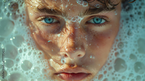 Close-up of a person's face with soap bubbles