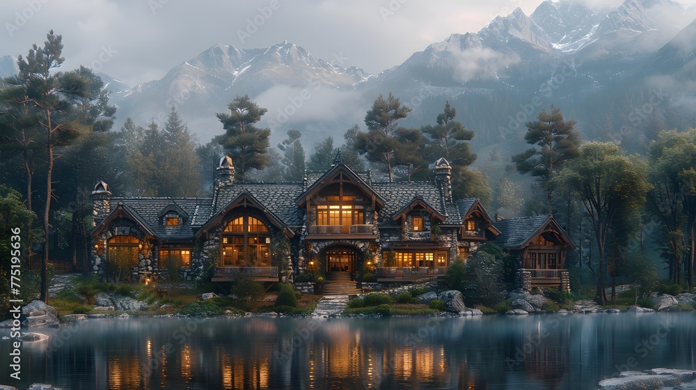 majesty of a mountain retreat, its rugged stone facades and cozy interiors blending seamlessly with the pristine natural surroundings, in stunning 8k full ultra HD.