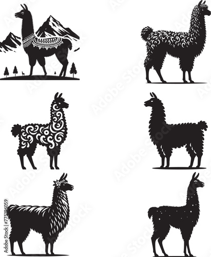 llama silhouette  black color . white color background  