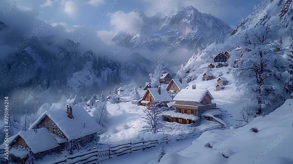 A snow-covered village nestled in a valley