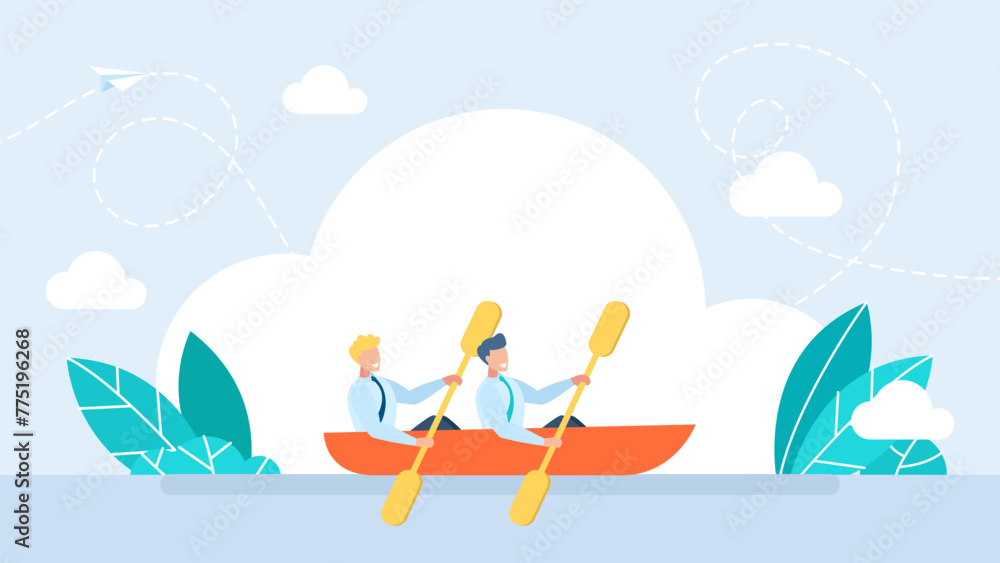 People rowing with paddles in kayak. Men rafting in sports boat with oars in river. Kayaking or Rafting Sport Competition. Sportsmen Rowing in Kayak. Extreme water activity. Vector illustration 