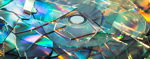 Shattered compact discs with reflective surfaces photo