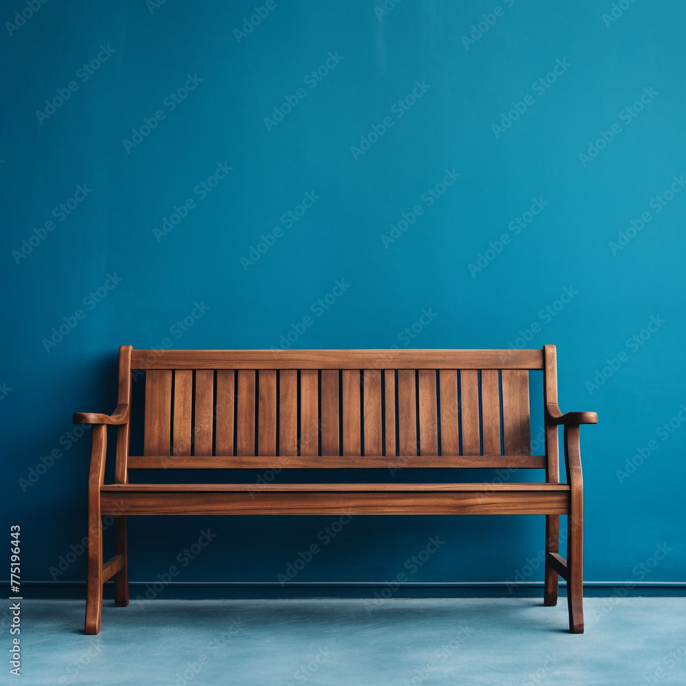 Wooden seating bench blue backround сreated with Generative Ai Wooden seating bench blue backround сreated with Generative Ai