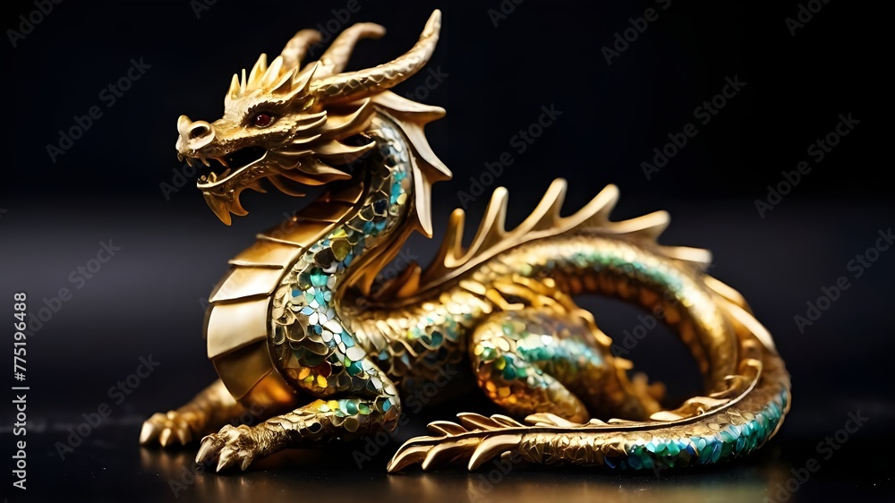 golden dragon statue. a golden dragon figurine on a black surface, a bronze sculpture. golden dragon statue. a golden dragon figurine on a black surface, a bronze sculpture.
