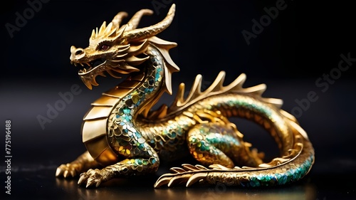 golden dragon statue. a golden dragon figurine on a black surface, a bronze sculpture.