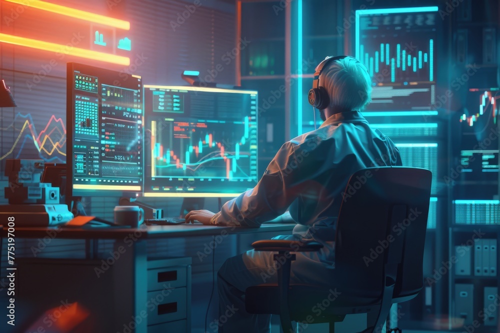 In a softly lit corner, a financial wizard analyses crypto charts, their dynamic lines a pulse chart of the digital age, 3D illustration - obrazy, fototapety, plakaty 