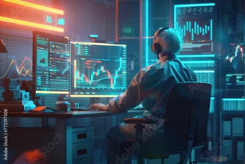 In a softly lit corner, a financial wizard analyses crypto charts, their dynamic lines a pulse chart of the digital age, 3D illustration photo