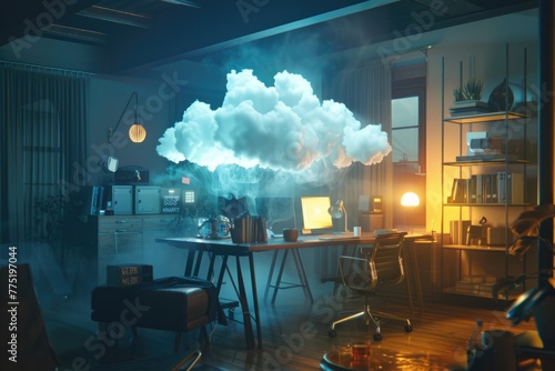 In the corner of a moody office, a holographic cloud updates a project on all connected devices instantly, 3D illustration photo