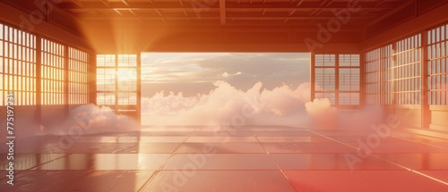 A karate dojo's ring, filled with mist, where students practice their katas under the watchful eye of dusk, 3D illustration photo