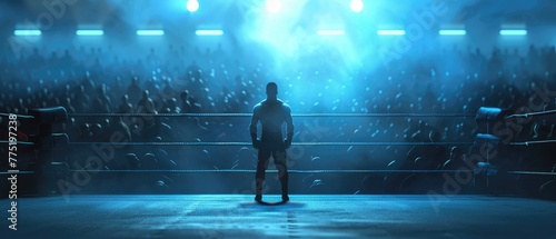 A luchador stands in the center of the ring, the mist around him thickening as the crowd watches in silence, 3D illustration photo