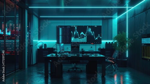 A minimalist office becomes a nexus of activity as crypto charts pulse with the energy of global trades, 3D illustration photo