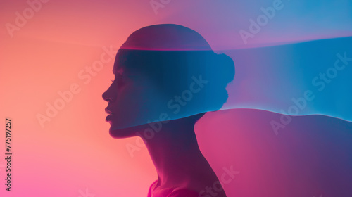 Silhouette of a woman with colorful lighting and double exposure effect