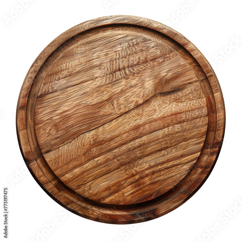 Rustic wooden round board isolated on transparent background photo