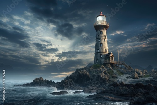 Construction of a  lighthouse, Construction of a coastal lighthouse, role and mystique of lighthouse on an island,AI generated © Tanu