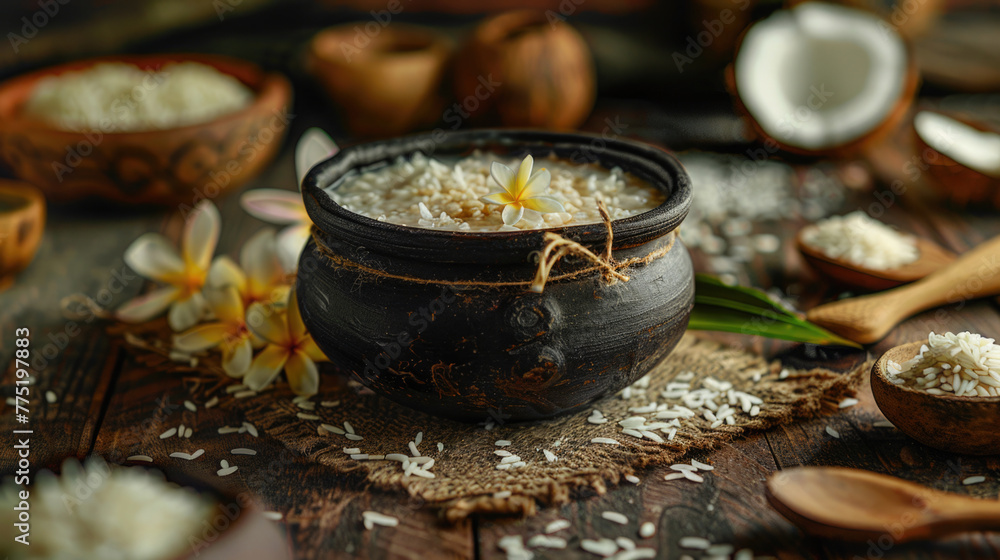 Fototapeta premium Clay pot with Kiribath on a rustic table, surrounded by coconut milk, rice, and frangipani flowers for Sinhalese New Year.