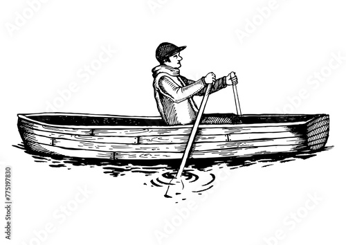 Картината върху платно Man on rowing boat engraving PNG illustration