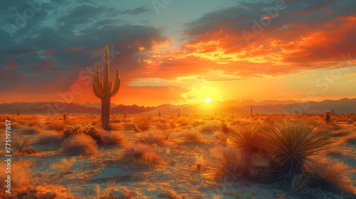 resilience of life in a harsh desert landscape, where a lone saguaro cactus stands tall against the blazing sun