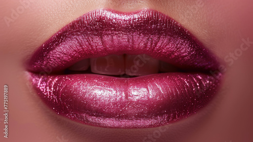 Close-up of shimmering pink lipstick on lips