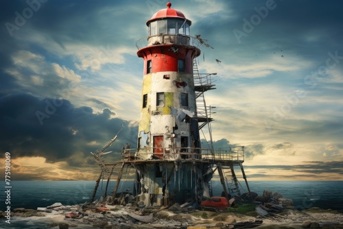 Construction of a lighthouse, Construction of a coastal lighthouse, role and mystique of lighthouse on an island,AI generated