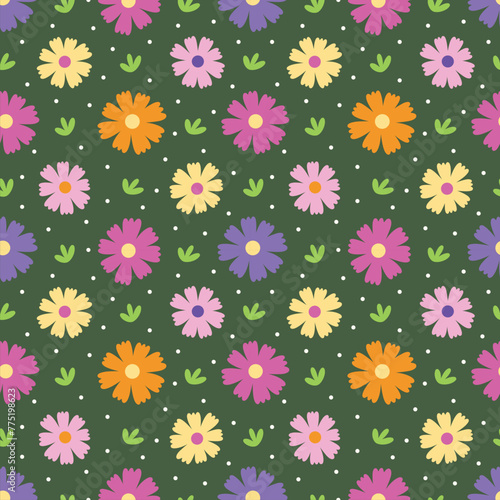 Spring Flowers on Green Seamless Pattern Design