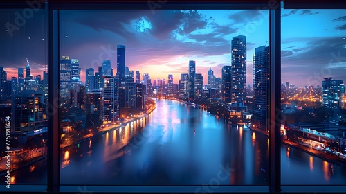 vista of a city skyline at night, with sparkling lights reflected in the calm waters of a river, as seen through the expansive window of a high-rise building, in stunning 8k full ultra HD. photo