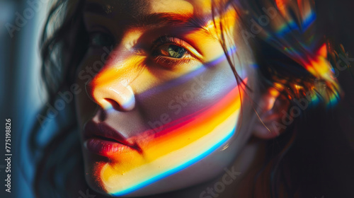 Portrait of a woman with rainbow light effects
