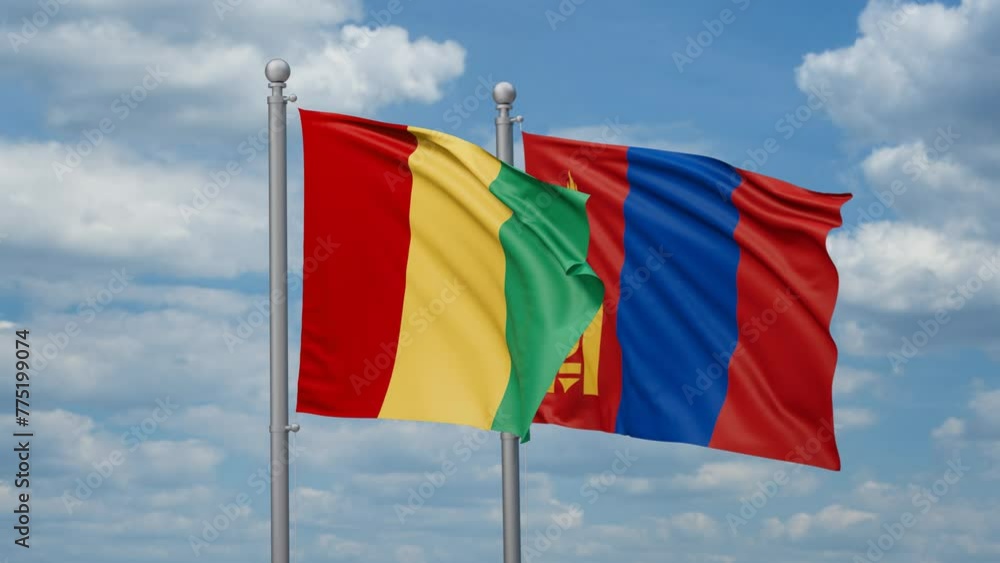 Mongolia and Republic of Guinea two flags waving together, looped video, two country cooperation concept Mongolia and Republic of Guinea two flags waving together, looped video, two country cooperation concept