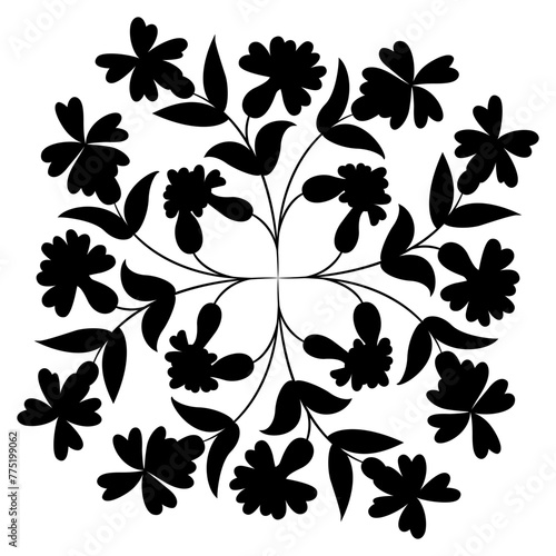 Ornate floral design with blooming branches. Siléne vulgáris. Folk style. Black silhouette on white background.