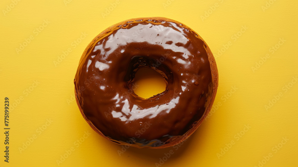 Chocolate glazed donut on yellow background Chocolate glazed donut on yellow background