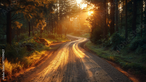 Winding forest road at sunset