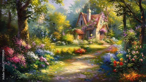 A beautiful painting depicting a path lined with colorful flowers leading to a charming house in the background  surrounded by lush greenery and trees