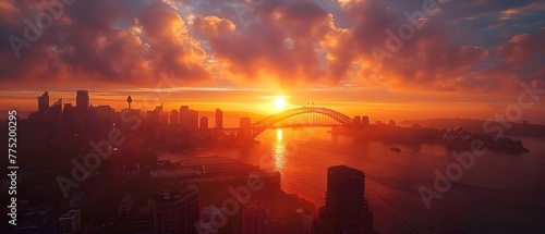 Vibrant sunrise over Sydney CBD with highrise buildings harbor and bridge in an elevated aerial view. Concept Sunrise Over Sydney, Highrise Buildings, Harbor View, Aerial Perspective, Iconic Bridge photo
