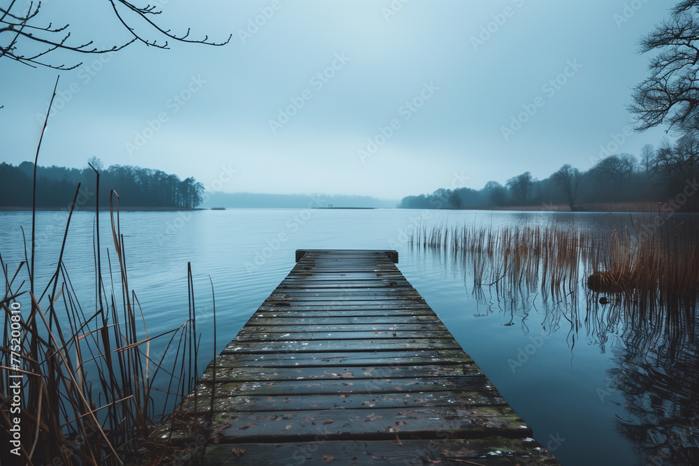 Obraz premium Wooden pier in lake, blue jetty wood landscape