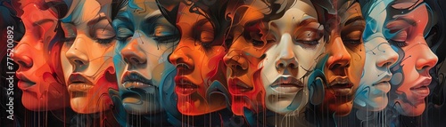 A collection of surreal faces that reflect and merge with one another, creating an abstract composition that encourages introspection and contemplation of self awareness photo