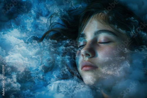 A girl in a peaceful slumber, with swirling clouds around her to signify the constant battle of insomnia and the blurred line between wakefulness and dreams