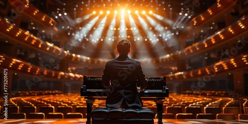 A man with intense concentration sits at a grand piano in front of a dimly lit stage, preparing to play a soulful composition.