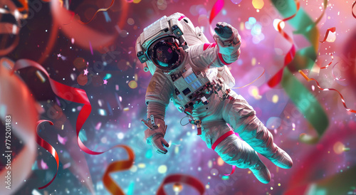 An astronaut floating in zero gravity, surrounded by colorful ribbons and streamers in the background photo