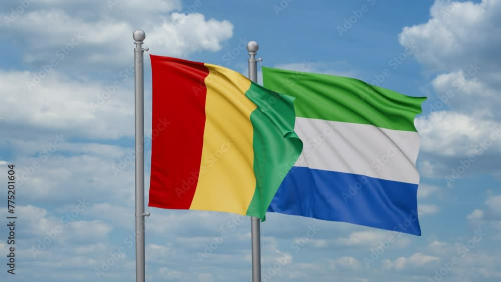 Sierra Leone or Salone and Republic of Guinea two flags waving together, looped video, two country cooperation concept Sierra Leone or Salone and Republic of Guinea two flags waving together, looped video, two country cooperation concept