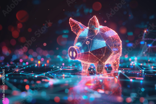 A pig is shown in a digital image with a blue and red pattern. The image has a futuristic piggy bank. concept : saving money online. photo